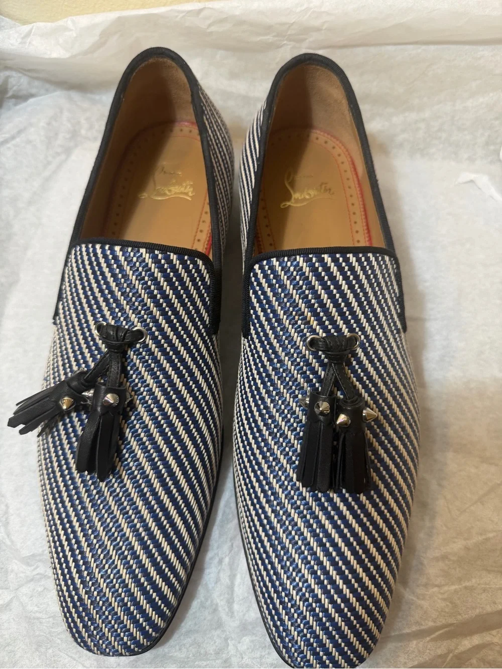 Christian Louboutin Navy & White Woven Tassel Loafers